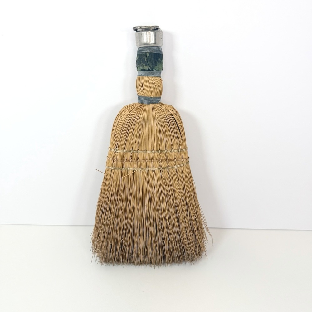 Whisk Broom With Metal Loop Handle 10" Antique Hand Bound Straw Primitive Hearth